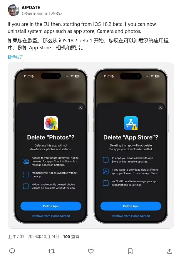 龙胜苹果手机维修分享iOS 18.2 支持删除 App Store 应用商店 